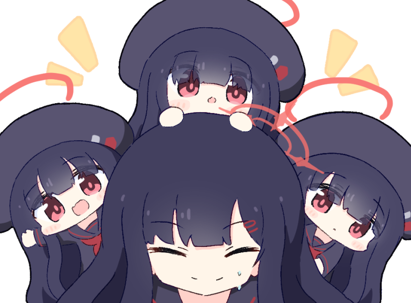 4girls black_hair black_headwear black_sailor_collar black_shirt blue_archive blunt_bangs blush_stickers chibi closed_mouth hair_ornament hairclip halo hands_on_another's_head hands_up hat ichika_(blue_archive) justice_task_force_member_(blue_archive) long_hair long_sleeves looking_at_viewer multiple_girls no_nose open_mouth parted_lips red_eyes red_halo sailor_collar shirt smile umihio upper_body