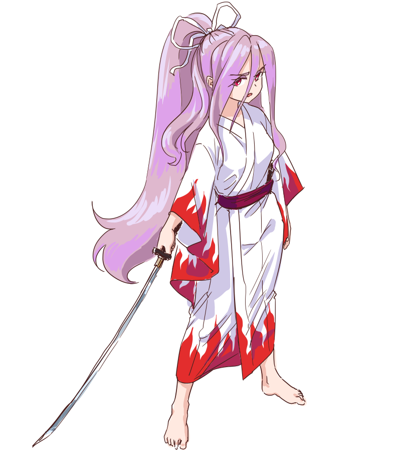 1girl barefoot belt bow fighting_stance hair_bow japanese_clothes kimono long_hair looking_at_viewer meira_(touhou) ponytail purple_hair s-a-murai solo standing sword touhou touhou_(pc-98) violet_eyes weapon