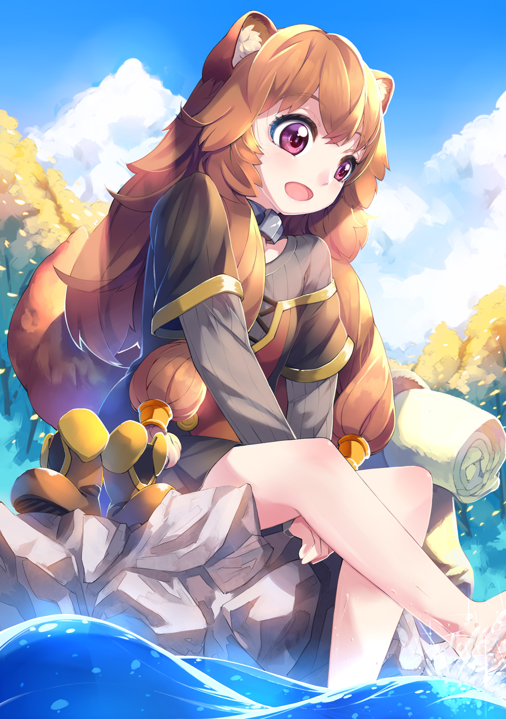 1girl :d animal_ear_fluff animal_ears barefoot blue_sky brown_hair child clouds commentary_request cuffs day dress highres kyouko_kasa long_hair long_sleeves neck open_mouth outdoors raccoon_ears raccoon_girl raccoon_tail raphtalia red_eyes rock short_dress sidelocks sitting sitting_on_rock sky smile solo splashing tail tate_no_yuusha_no_nariagari tree water