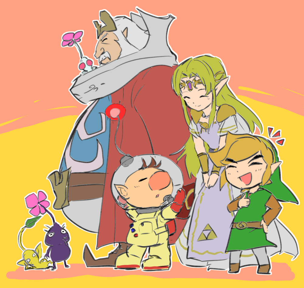 1girl 3boys alien armlet backpack bag belt belt_buckle big_nose black_eyes blonde_hair blue_shirt blush brown_belt brown_footwear brown_hair brown_shirt buckle buttons circlet closed_eyes closed_mouth coat colored_skin crossover crown daphnes_nohansen_hyrule dress facial_hair father_and_daughter flower from_side gloves gold_headwear green_headwear green_tunic grey_pants hand_on_own_cheek hand_on_own_chest hand_on_own_face hand_on_own_head hand_on_own_hip hands_on_headwear hands_on_lap height_difference helmet high_collar isibatamako jewelry king layered_sleeves leaf link long_dress long_sleeves looking_at_another lying multiple_boys mustache neck_ruff necklace no_mouth nose_blush notice_lines old old_man olimar on_side open_clothes open_coat open_mouth orange_background outline pants parted_lips patch pikmin_(creature) pikmin_(series) pink_flower plump pointy_ears pointy_footwear pointy_hat princess princess_zelda purple_pikmin purple_skin purple_tabard radio_antenna red_bag red_coat red_eyes red_gloves red_light shirt shoes short_hair short_over_long_sleeves short_sleeves shoulder_pads smile solid_circle_eyes space_helmet spacesuit tabard the_legend_of_zelda the_legend_of_zelda:_the_wind_waker thick_eyebrows toon_link toon_zelda triforce_print two-tone_background very_short_hair whistle white_dress white_hair white_outline white_pants white_pikmin white_skin wide_sleeves yellow_background yellow_pikmin yellow_skin