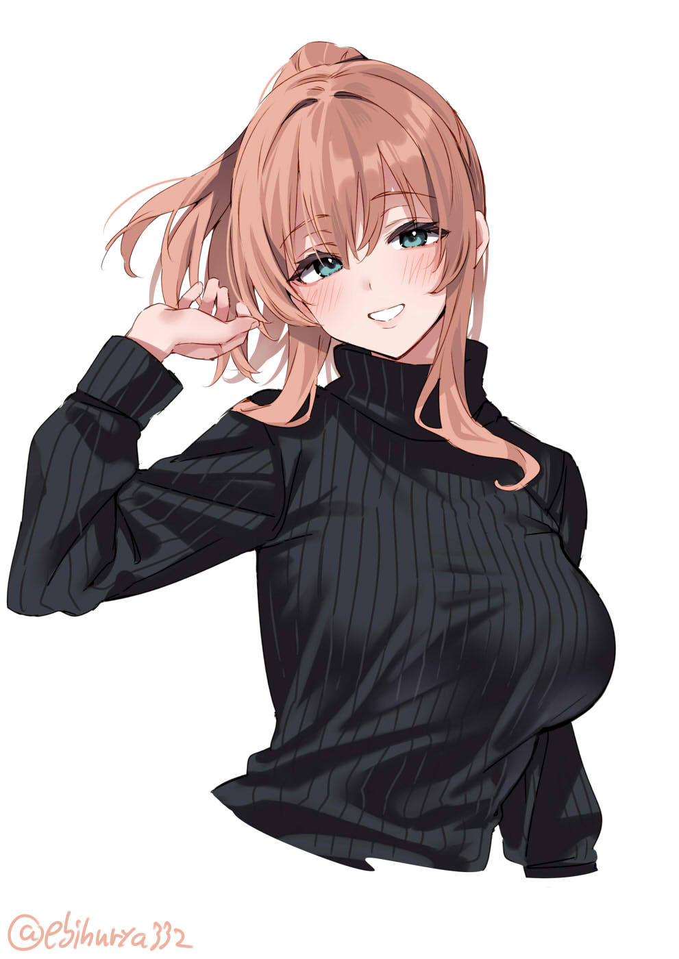 1girl alternate_costume aqua_eyes breasts commentary ebifurya hair_between_eyes high_side_ponytail highres kantai_collection large_breasts light_brown_hair long_hair long_sleeves looking_at_viewer ponytail saratoga_(kancolle) side_ponytail sidelocks smile solo sweater turtleneck turtleneck_sweater twitter_username upper_body white_background