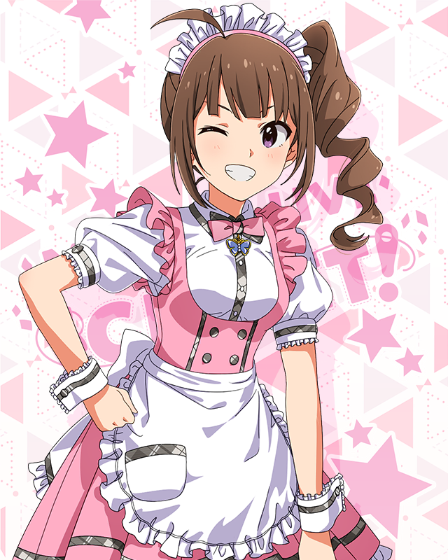 1girl ahoge brown_hair drill_hair drill_ponytail grin hand_on_own_hip idolmaster idolmaster_million_live! idolmaster_million_live!_theater_days maid maid_headdress official_art one_eye_closed puffy_sleeves side_ponytail smile solo starry_background violet_eyes waitress yokoyama_nao