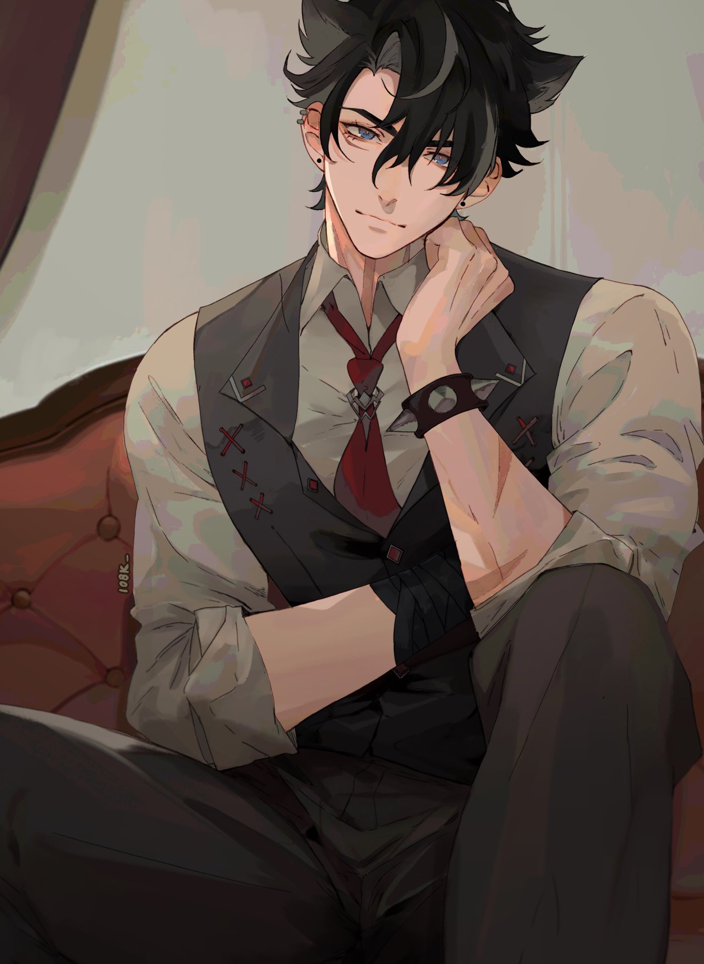 1boy 1o8k alternate_costume animal_ears black_hair closed_mouth couch earrings english_commentary genshin_impact hair_between_eyes highres jewelry looking_at_viewer male_focus multicolored_hair necktie on_couch red_necktie scar scar_on_arm short_hair sitting smile solo streaked_hair wriothesley_(genshin_impact)