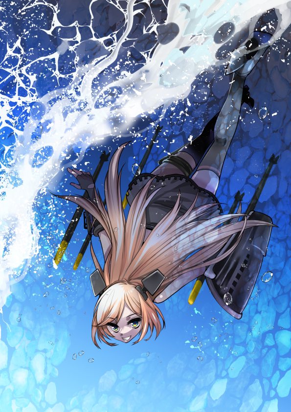 1girl black_thighhighs bubble elbow_gloves fingerless_gloves gloves green_eyes grey_gloves grey_skirt grey_thighhighs grin headgear kagesaki_yuna kantai_collection long_hair looking_at_viewer orange_hair rigging salmon_(kancolle) skirt smile solo swimming thigh-highs underwater