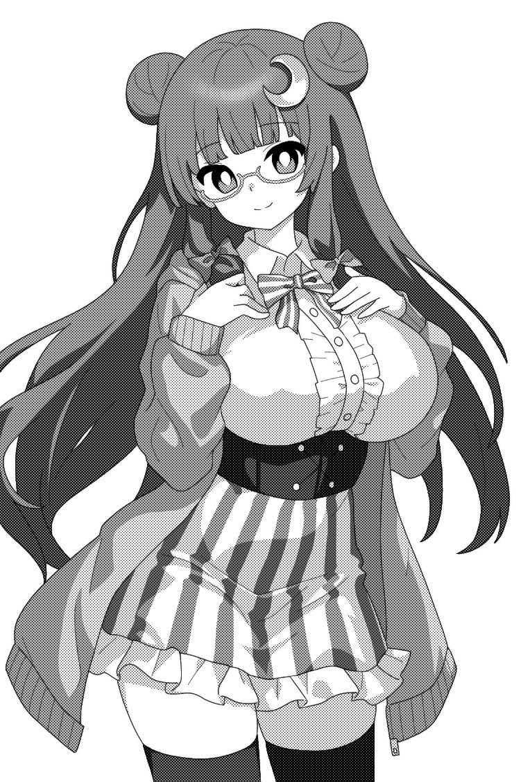 1girl blunt_bangs bow bowtie breasts closed_mouth collared_shirt double_bun glasses greyscale hair_bun large_breasts long_hair long_sleeves looking_at_viewer monochrome onkn_sxkn patchouli_knowledge shirt smile solo thigh-highs touhou