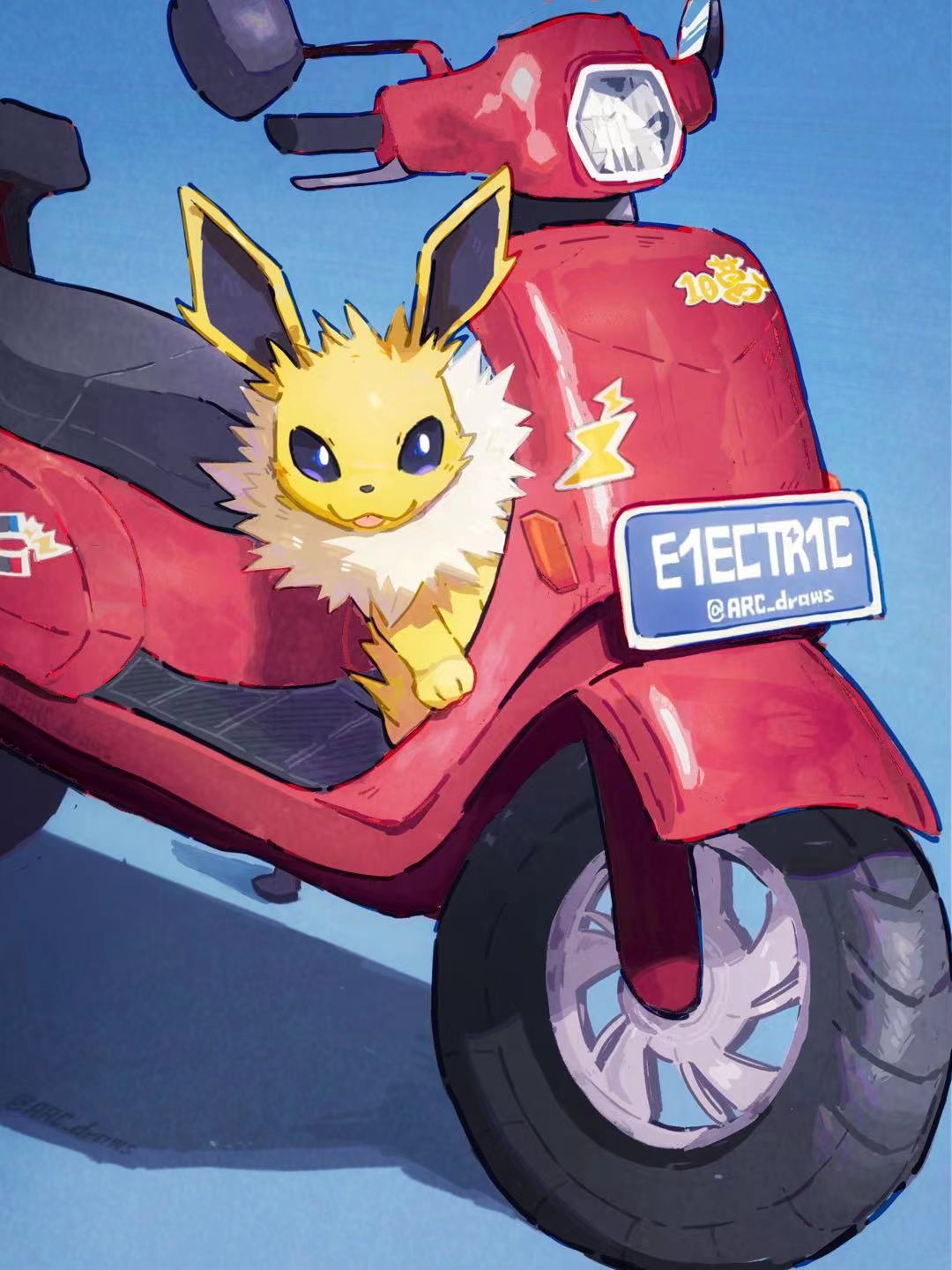 arc_draws blue_background closed_mouth commentary_request highres jolteon license_plate motor_vehicle no_humans on_scooter peeking_out pokemon pokemon_(creature) scooter smile tongue tongue_out twitter_username yellow_fur