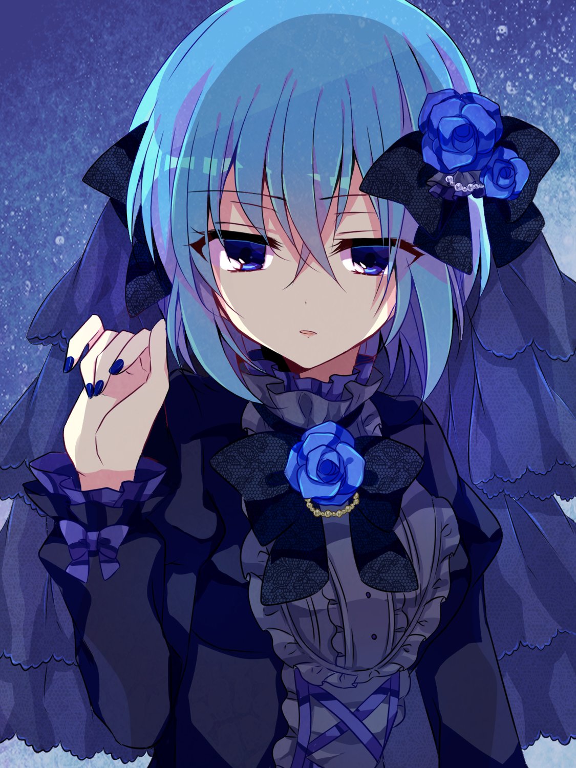 1girl alternate_costume black_bow black_bowtie black_dress black_veil blue_background blue_eyes blue_flower blue_hair blue_nails blue_rose bluestar_iz bow bowtie claire_elford cross-laced_clothes crossed_bangs dress flower flower_brooch frilled_dress frilled_shirt_collar frilled_sleeves frills hair_between_eyes hair_bow hair_flower hair_ornament hand_up highres juliet_sleeves long_sleeves looking_at_viewer nail_polish parted_lips puffy_sleeves rose short_hair simple_background solo upper_body veil witch's_heart