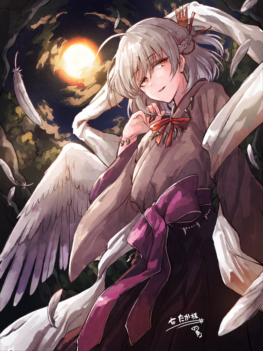 1girl ahoge bow braid brown_kimono commission cowboy_shot eclipse feathered_wings feathers fingernails from_below grey_hair grey_wings hagoromo hair_between_eyes hair_ornament hairpin hand_up high-waist_skirt highres hisona_(suaritesumi) japanese_clothes jewelry kimono kishin_sagume light_smile long_sleeves looking_back magatama magatama_necklace moon neck_ribbon necklace night obi orange_eyes orange_ribbon parted_lips pleated_skirt purple_sash purple_skirt ribbon sash shawl short_hair signature single_wing skeb_commission skirt solo standing sun touhou waist_bow white_shawl wide_sleeves wings
