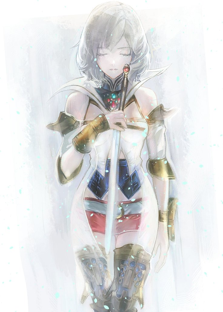 1girl armor ashelia_b'nargin_dalmasca belt blonde_hair breasts closed_mouth cofffee detached_sleeves final_fantasy final_fantasy_xii holding holding_sword holding_weapon miniskirt short_hair skirt solo sword thigh-highs weapon white_background