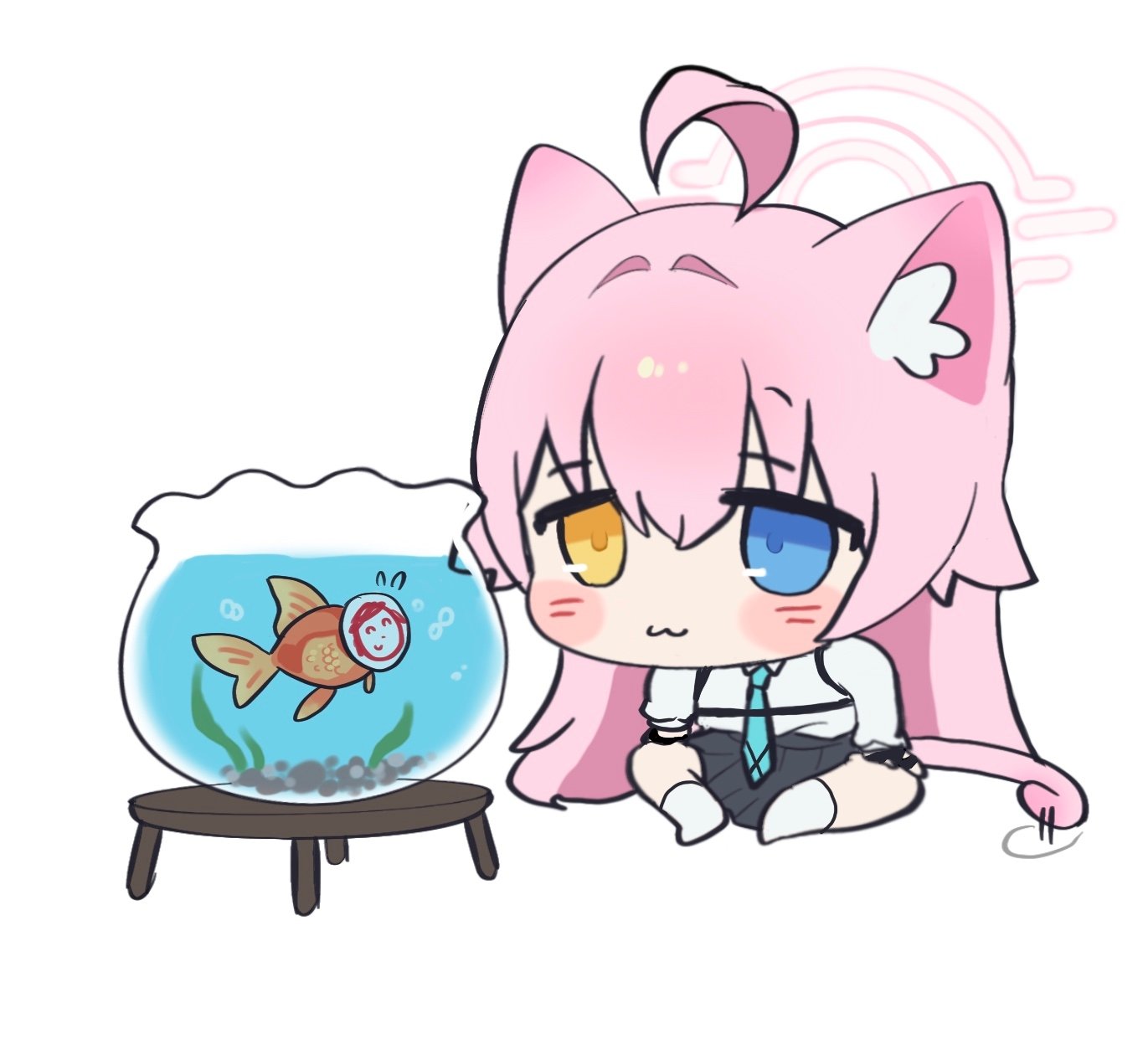 1girl 5uj0 :3 air_bubble animal_ears animalization arona's_sensei_doodle_(blue_archive) black_skirt blue_archive blue_eyes blue_necktie blush_stickers bubble butterfly_sitting cat_ears cat_tail chest_harness chibi commentary_request fish fishbowl flying_sweatdrops goldfish hair_flaps halo hands_on_own_thighs harness heterochromia highres hoshino_(blue_archive) kemonomimi_mode korean_commentary looking_at_animal necktie pink_hair sensei_(blue_archive) shirt simple_background sitting skirt socks solo staring tail tareme water white_background white_shirt white_socks yellow_eyes