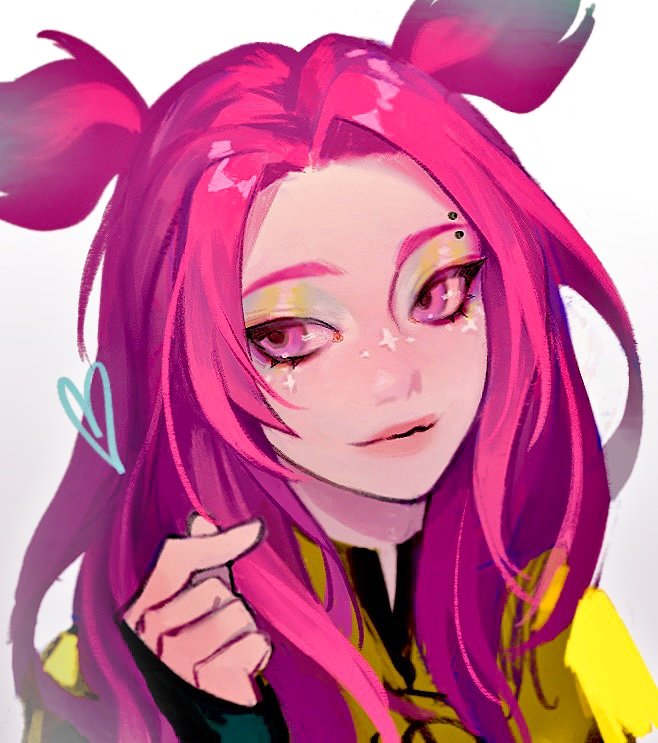 1girl alune_(league_of_legends) closed_mouth eyebrow_piercing eyeshadow fiiiiiiisher7 finger_heart heartsteel_(league_of_legends) heartsteel_alune league_of_legends long_hair makeup official_alternate_costume piercing pink_eyes pink_hair shirt simple_background smile solo white_background yellow_shirt
