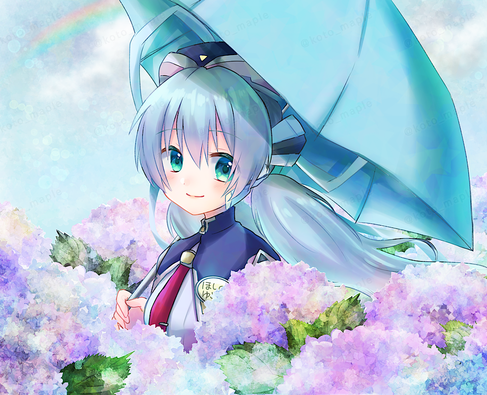 1girl blue_flower blue_hair blue_headwear blue_ribbon blue_theme blue_umbrella blush character_name closed_mouth commentary_request commission day eyelashes eyes_visible_through_hair flower garden green_eyes hair_between_eyes hair_ribbon holding holding_umbrella hoshino_yumemi leaf long_hair looking_at_viewer low_twintails micchi_(koto_maple) necktie outdoors planetarian purple_flower rainbow red_necktie ribbon robot_ears skeb_commission smile solo twintails umbrella upper_body
