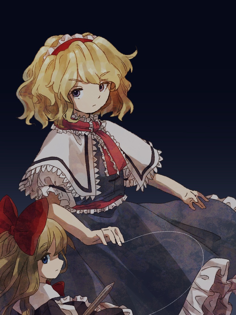 2girls alice_margatroid blonde_hair blue_dress bow capelet closed_mouth commentary_request dress frilled_hairband frilled_ribbon frilled_sleeves frills hair_bow hairband long_hair medium_hair multiple_girls neck_ribbon puffy_short_sleeves puffy_sleeves red_bow red_hairband retrochaossan ribbon shanghai_doll short_sleeves touhou wavy_hair white_capelet