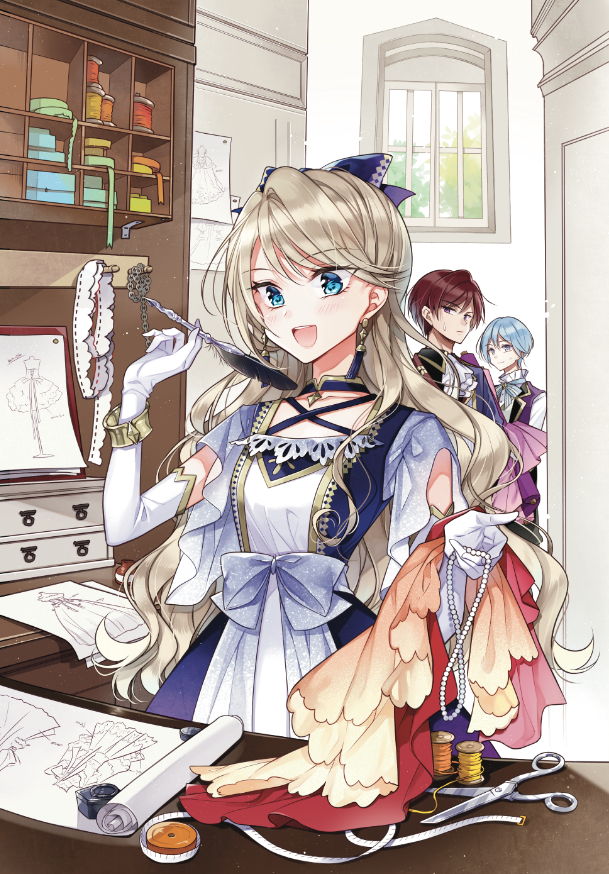 1girl 2boys :d ascot black_shirt blonde_hair blue_bow blue_choker blue_dress blue_hair blue_jacket blue_ribbon bow bracelet chain choker closed_mouth coat collared_coat collared_shirt cross-laced_clothes dai_yogensha_wa_zense_kara_nigeru dangle_earrings drawer drawing dress earrings elbow_gloves fabric frilled_shirt_collar frills gloves gold_trim grey_eyes hair_between_eyes hair_bow hand_up holding holding_jewelry holding_necklace holding_quill indoors ink_bottle jacket jewelry lace-trimmed_dress lace_trim lapels long_hair looking_at_another multiple_boys neck_ribbon necklace notched_lapels official_art paper pendant_choker purple_vest quill red_coat redhead ribbon ribbon_spool scissors scroll shirt short_hair short_sleeves smile spool swept_bangs tailor tape_measure tassel tassel_earrings two-tone_dress upper_body vest violet_eyes waist_bow wavy_hair white_ascot white_dress white_gloves white_shirt window yukiko_(tesseract)