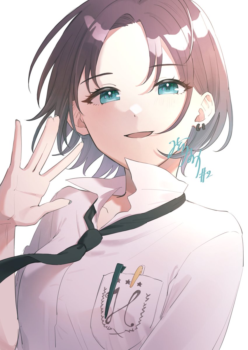 1girl aqua_eyes asakura_toru black_necktie breast_pocket collared_shirt forehead gradient_hair grey_hair hand_up highres idolmaster idolmaster_shiny_colors looking_at_viewer mitora_nao multicolored_hair necktie open_mouth parted_bangs pen_in_pocket pocket shirt short_hair simple_background smile solo upper_body waving white_background white_shirt wind wind_lift