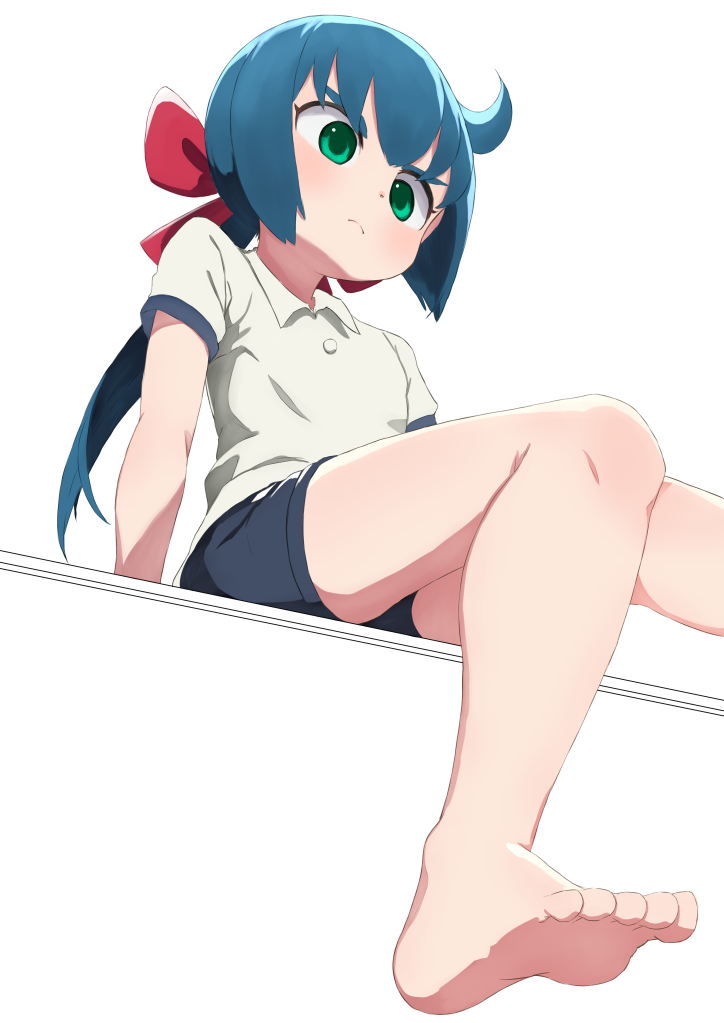 1girl barefoot blue_hair blue_shorts bow collared_shirt constanze_amalie_von_braunschbank-albrechtsberger domdom green_eyes gym_shirt gym_shorts gym_uniform hair_bow invisible_chair little_witch_academia ponytail red_bow shirt shorts sitting solo white_shirt