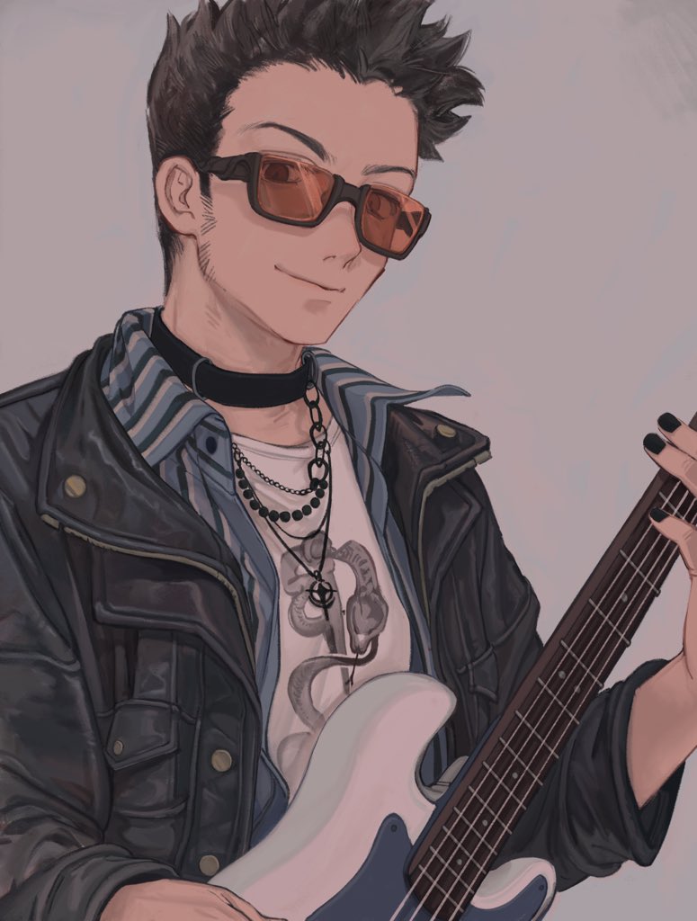 1boy black_hair black_nails choker commentary earrings english_commentary guitar hunter_x_hunter ik18166181ik instrument jacket jewelry leather leather_jacket leorio_paladiknight looking_at_viewer male_focus simple_background solo sunglasses upper_body