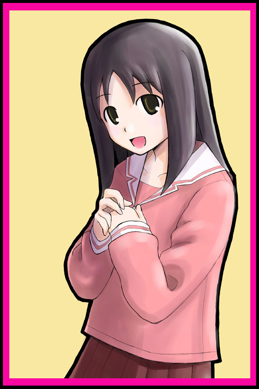 1girl :d azumanga_daioh azumanga_daioh's_school_uniform black_outline border brown_hair collarbone commentary green_eyes kasuga_ayumu long_sleeves looking_at_viewer looking_to_the_side mahe medium_hair open_mouth outline own_hands_together pink_border pink_serafuku pink_shirt pink_skirt pleated_skirt sailor_collar school_uniform serafuku shirt simple_background skirt smile solo standing upper_body w_arms white_sailor_collar winter_uniform yellow_background
