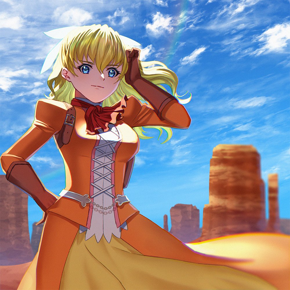 1girl aqua_eyes ascot blonde_hair bow breasts brown_gloves closed_mouth clouds cross-laced_clothes dress elbow_gloves gloves hair_between_eyes hair_bow kiroku_nanaki_(52+2) long_hair long_sleeves looking_at_viewer maya_schrodinger orange_dress red_ascot smile solo wild_arms wild_arms_3