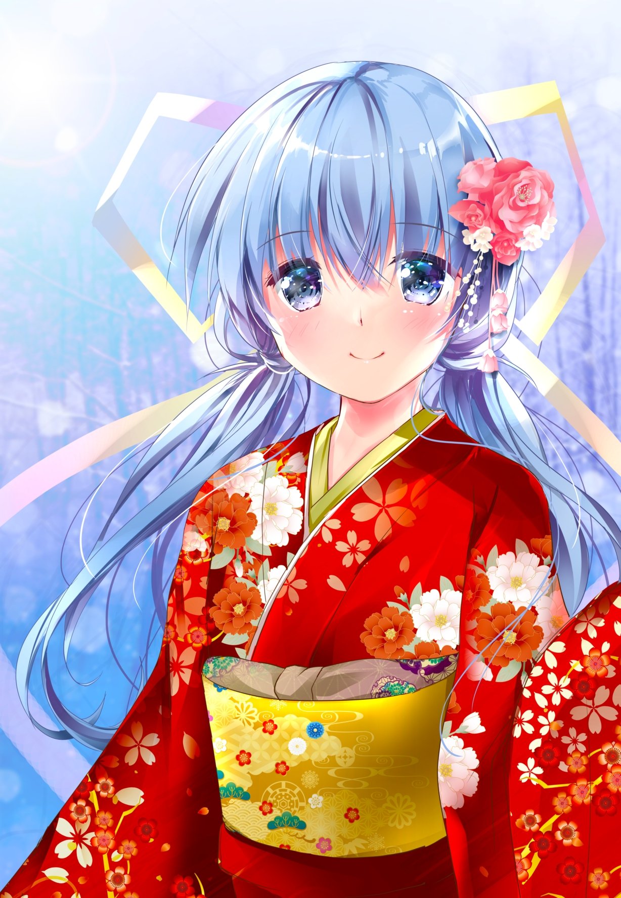 1girl alternate_costume arm_at_side asahina_yori blue_eyes blue_hair blurry blurry_background blush closed_mouth commentary_request commission eyelashes eyes_visible_through_hair floating_hair floral_print flower hair_between_eyes hair_ornament hair_ribbon hand_up happy highres hoshino_yumemi japanese_clothes kanzashi kimono long_hair long_sleeves looking_at_viewer low_twintails no_headwear photo_background pink_flower planetarian red_flower red_kimono ribbon sash second-party_source skeb_commission smile solo twintails upper_body very_long_hair white_flower wide_sleeves yellow_ribbon yellow_sash yukata