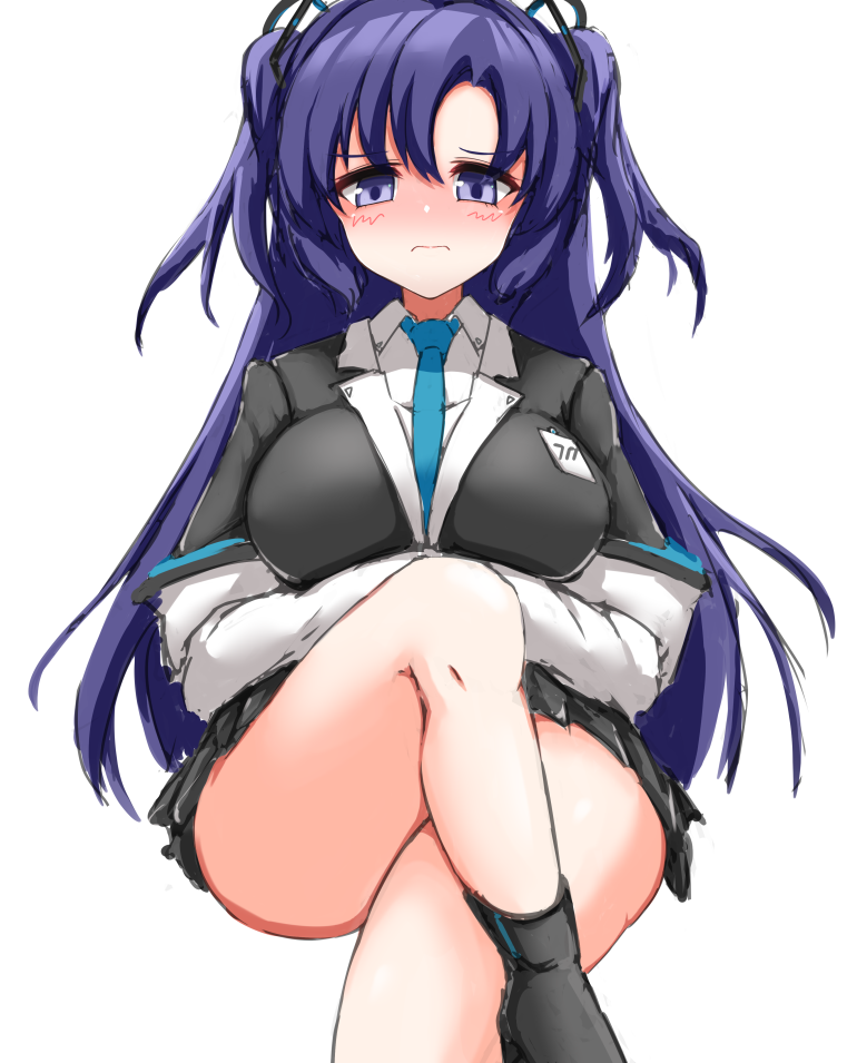 arms_under_breasts bad_id bad_pixiv_id blue_archive blush boots breasts crossed_legs eyebrows_hidden_by_hair frown halo jacket kanagi-san large_breasts long_hair miniskirt name_tag necktie purple_hair simple_background sketch skirt thick_thighs thighs twintails violet_eyes yuuka_(blue_archive)