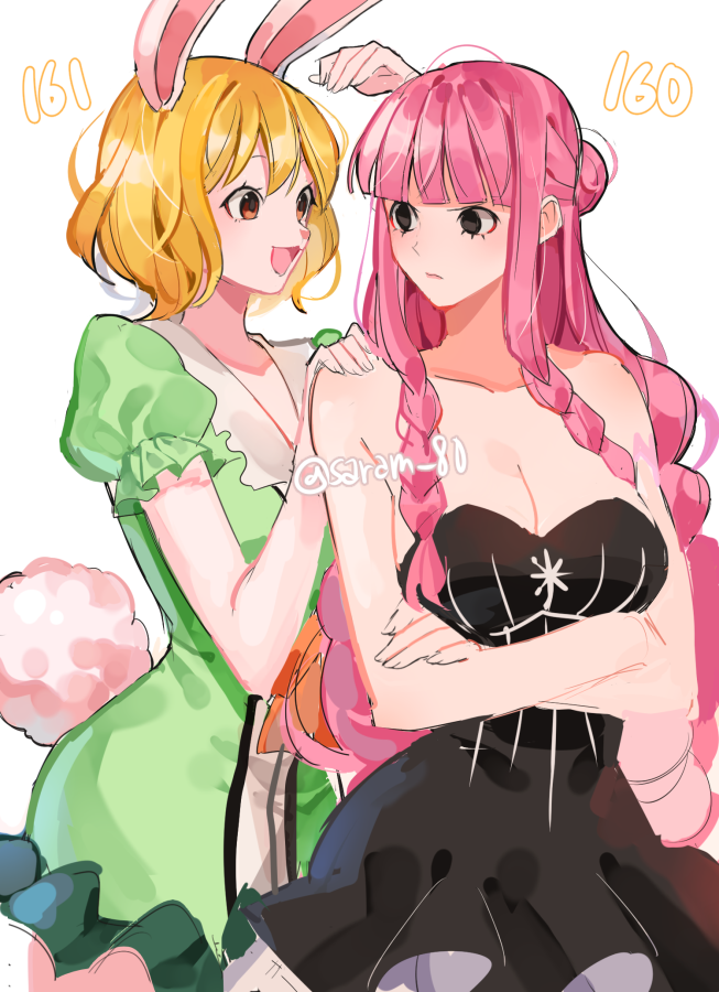 2girls animal_ears bad_id bad_twitter_id black_dress blonde_hair blunt_bangs carrot_(one_piece) closed_mouth collarbone commentary crossed_arms dress green_dress hand_on_another's_shoulder joman korean_commentary long_hair looking_at_another multiple_girls one_piece perona pink_hair rabbit_ears rabbit_tail short_hair sidelocks simple_background smile strapless strapless_dress tail white_background