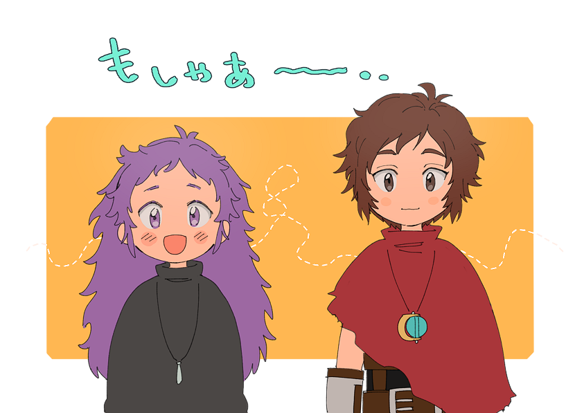 1boy 1girl alec_(arc_the_lad) arc_s0222 arc_the_lad arc_the_lad_iii belt blush_stickers brown_eyes brown_hair cape closed_mouth finia jewelry long_hair looking_at_viewer necklace open_mouth purple_hair red_cape short_hair smile spiky_hair violet_eyes