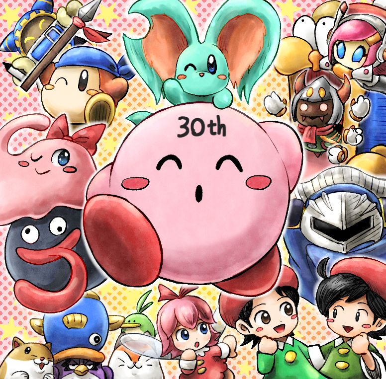 1other 5girls 6+boys adeleine ado_(kirby) animal_ears anniversary bandana bandana_waddle_dee beret black_hair blue_bandana blue_eyes blush_stickers cape chuchu_(kirby) coo_(kirby) disembodied_limb elfilin fairy fairy_wings fangs fish gloves gooey_(kirby) hat holding holding_polearm holding_weapon horns kicdon kine_(kirby) king_dedede kirby kirby_(series) magolor mask meta_knight mouse_ears nago notched_ear one_eye_closed open_mouth pink_hair pitch_(kirby) polearm polka_dot polka_dot_background red_headwear red_ribbon ribbon ribbon_(kirby) rick_(kirby) smile solid_oval_eyes spear star_(symbol) susie_(kirby) taranza tongue tongue_out wall-eyed weapon wings
