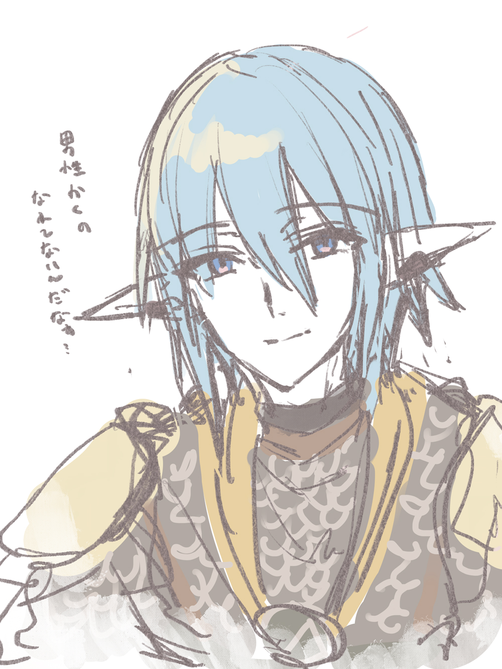 1boy armor blue_eyes blue_hair chainmail closed_mouth ear_piercing final_fantasy final_fantasy_xiv hair_between_eyes haurchefant_greystone highres kinona looking_at_viewer male_focus piercing pointy_ears sketch smile solo translation_request upper_body