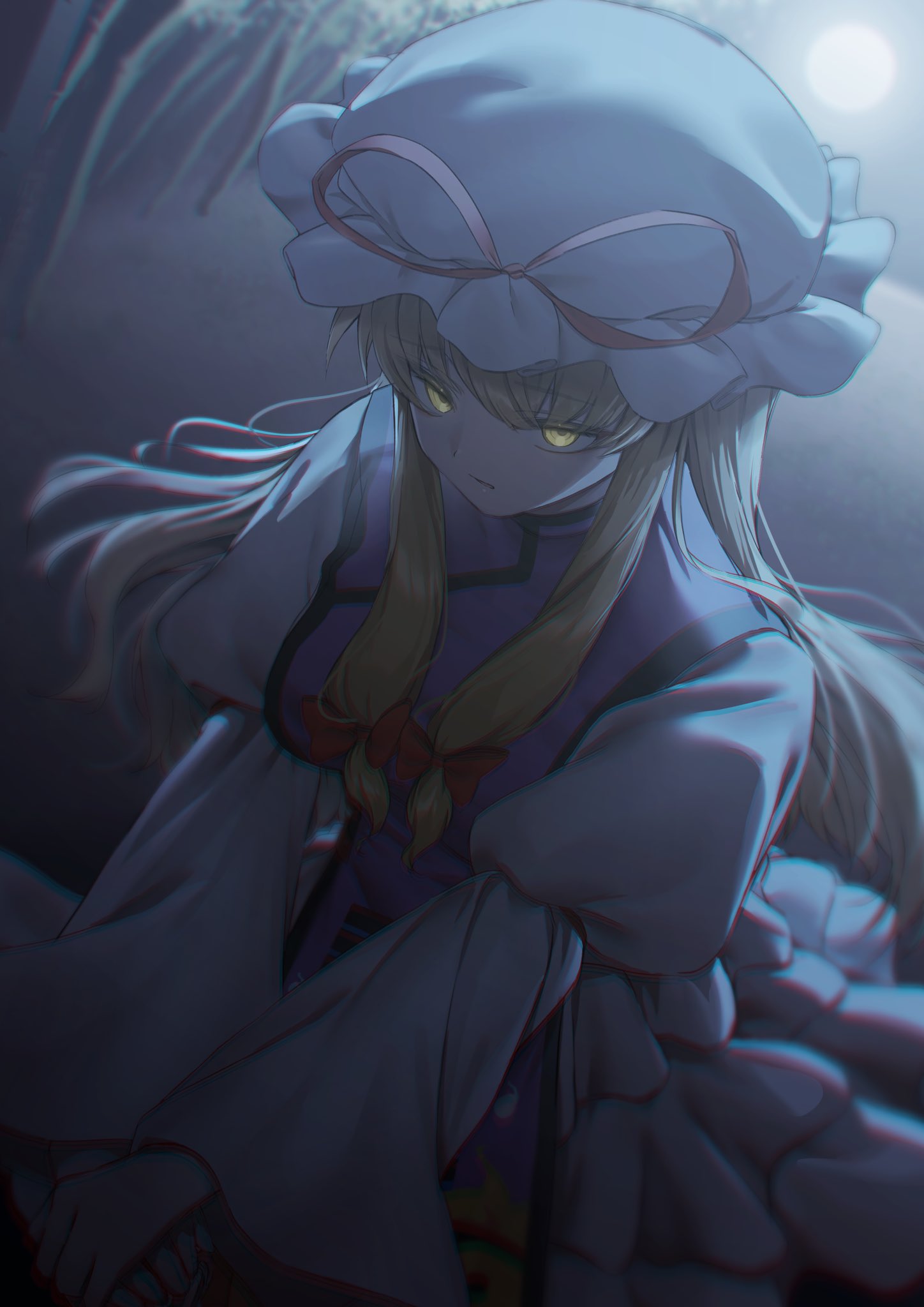 1girl bamboo bamboo_forest blonde_hair bow closed_mouth dress forest full_moon glaring glowing glowing_eyes hair_bow hat hat_ribbon highres juliet_sleeves long_hair long_sleeves looking_at_viewer mob_cap moon nature own_hands_together puffy_sleeves red_bow red_ribbon ribbon sidelocks solo tabard touhou very_long_hair wankosoradayo white_dress white_headwear yakumo_yukari yellow_eyes