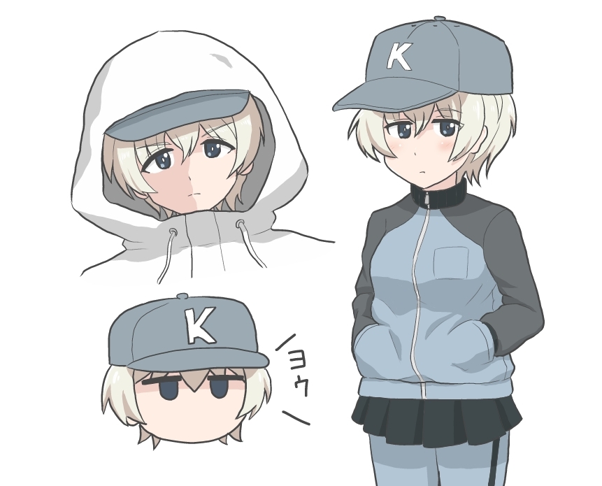 1girl baseball_cap blue_eyes blue_headwear blue_jacket blue_pants blue_skirt chibi closed_mouth coat commentary cropped_shoulders drawstring frown girls_und_panzer hands_in_pockets hat hood hood_up hooded_coat jacket jitome keizoku_military_uniform long_sleeves looking_at_viewer maaranto military_uniform miniskirt multiple_views no_mouth pants pants_under_skirt pleated_skirt raglan_sleeves short_hair simple_background single_vertical_stripe skirt standing track_jacket track_pants translated uniform white_background white_coat white_hair youko_(girls_und_panzer)