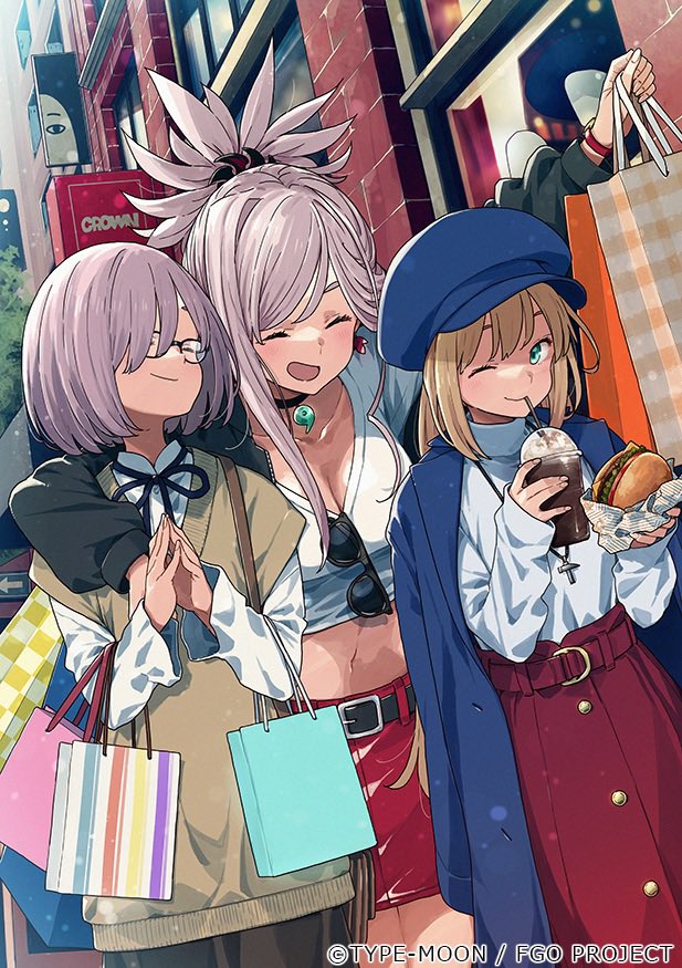 artoria_caster_(fate) artoria_pendragon_(fate) belt beret blonde_hair blue_headwear breasts brown_dress burger buttons city closed_eyes closed_mouth cola dress fate/grand_order fate_(series) food glasses green_eyes hat imigimuru jacket long_sleeves mash_kyrielight one_eye_closed pantyhose pink_hair red_belt red_skirt shopping skirt small_breasts sunglasses sweater white_sweater
