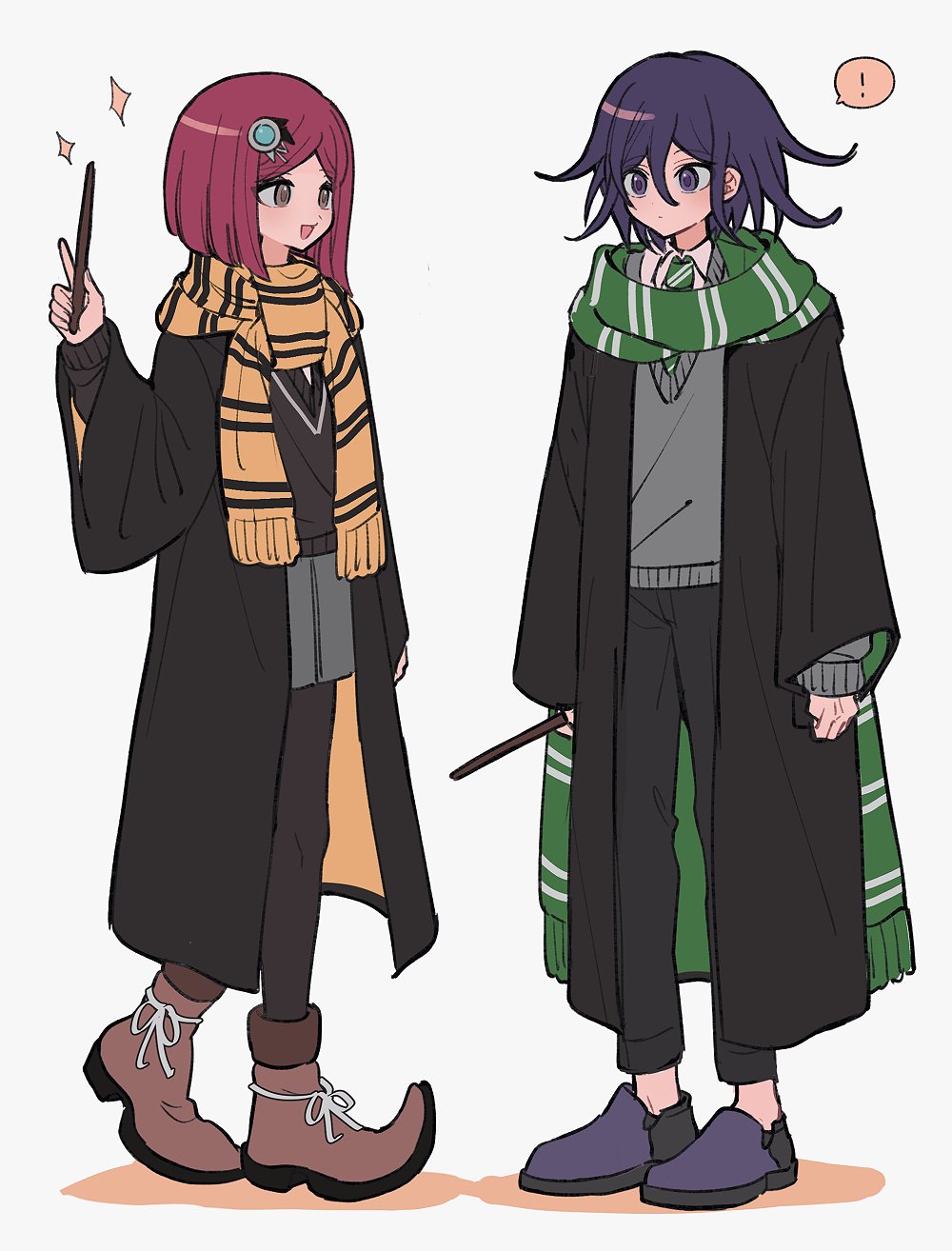 ! 1boy 1girl black_pantyhose brown_eyes danganronpa_(series) danganronpa_v3:_killing_harmony full_body green_scarf grey_skirt grey_sweater harry_potter_(series) highres holding holding_wand hufflepuff looking_at_another oma_kokichi pantyhose pointy_footwear purple_footwear purple_hair redhead scarf short_hair skirt slytherin spoken_exclamation_mark standing sweater violet_eyes wand white_background wizarding_world xiao_(grsnss25) yellow_scarf yumeno_himiko