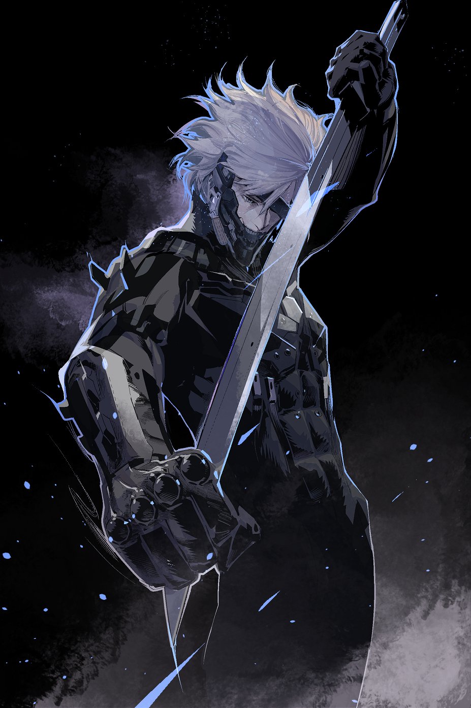 1boy bodysuit clenched_hand cofffee cyborg eyepatch gloves highres holding holding_weapon katana looking_at_viewer male_focus metal_gear_(series) metal_gear_rising:_revengeance raiden_(metal_gear) solo sword weapon white_hair