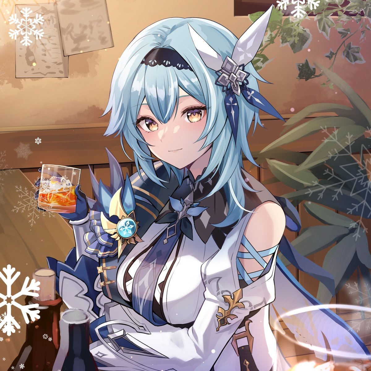 1girl alcohol arm_under_breasts black_hairband blue_cape blue_gloves blue_hair blue_necktie breasts cape closed_mouth clothing_cutout cross-laced_clothes cross-laced_cutout cup drink drinking_glass eula_(genshin_impact) genshin_impact gloves hair_between_eyes hair_ornament hairband hand_up highres holding holding_cup holding_drink ice ice_cube indoors kure~pu long_sleeves looking_at_viewer medium_breasts medium_hair necktie plant potted_plant shoulder_cutout side_cape sidelocks snowflakes solo upper_body vision_(genshin_impact) whiskey white_sleeves wide_sleeves yellow_eyes