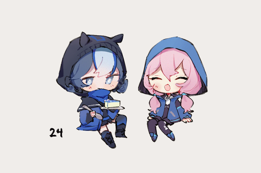 2girls arknights beanie black_headwear black_pantyhose black_shorts blue_eyes blue_hair blue_poison_(arknights) blue_thighhighs blush cake chibi closed_eyes closed_mouth collared_shirt dailybloopy food full_body glaucus_(arknights) grey_background hair_between_eyes hat hood hood_up hooded_jacket invisible_chair jacket light_blue_hair long_hair long_sleeves low_twintails multicolored_hair multiple_girls open_clothes open_jacket open_mouth pantyhose pink_hair shirt shorts simple_background sitting smile thigh-highs twintails