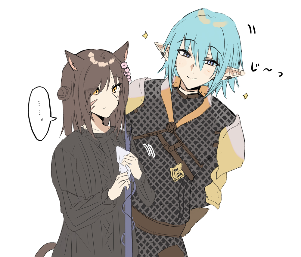 ... 1boy 1girl animal_ears armor black_sweater blue_eyes blue_hair blush brown_hair cat_ears cat_girl cat_tail chainmail closed_mouth ear_piercing final_fantasy final_fantasy_xiv hair_between_eyes hair_bun haurchefant_greystone kinona leaning_to_the_side long_sleeves miqo'te orange_eyes piercing pointy_ears puffy_long_sleeves puffy_sleeves ribbed_sweater simple_background single_side_bun sleeves_past_wrists smile sparkle spoken_ellipsis sweater tail white_background