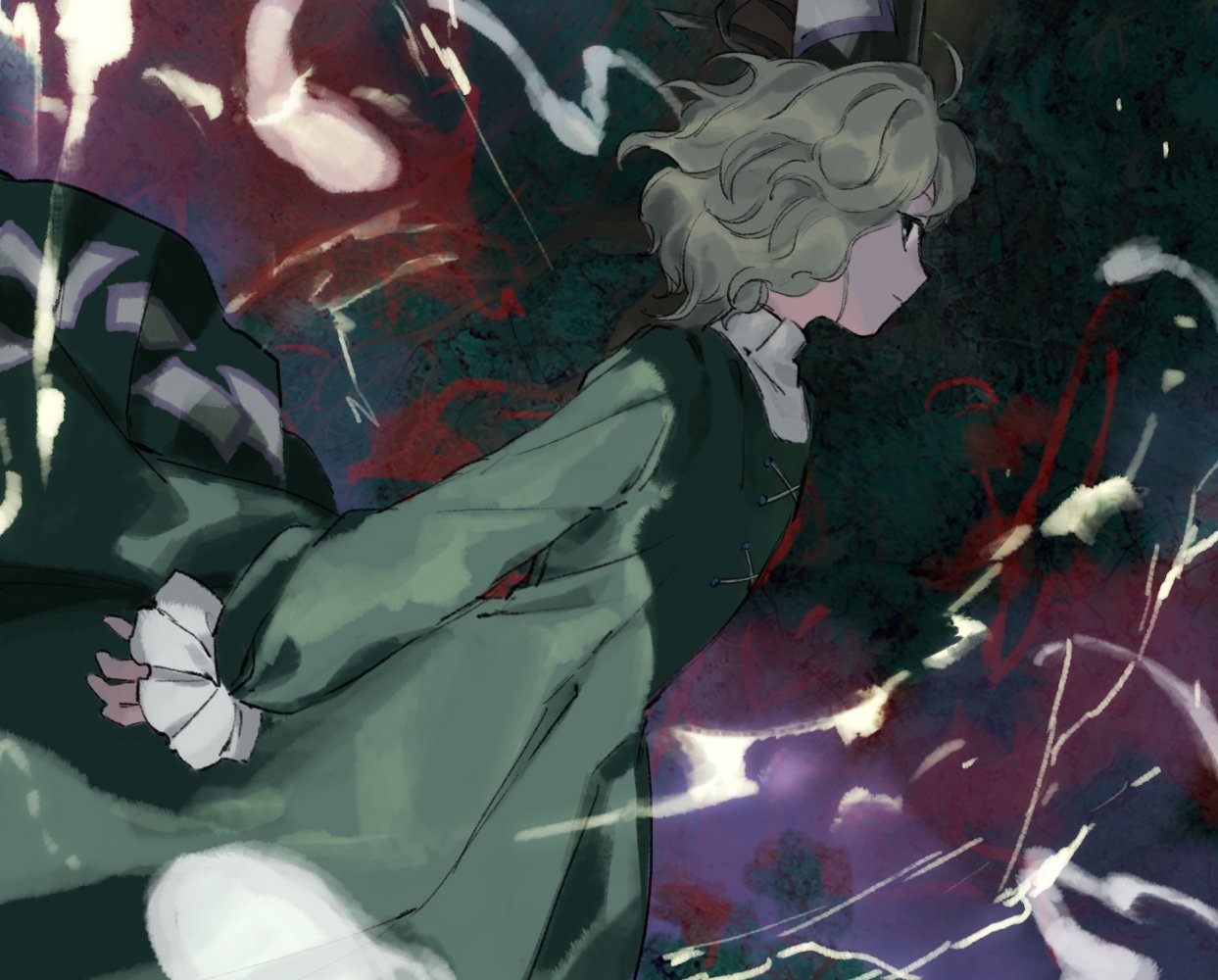 1girl black_headwear closed_mouth commentary_request cross-laced_clothes dress from_side green_dress green_hair hat kaigen_1025 lightning long_sleeves looking_at_viewer short_hair soga_no_tojiko solo tate_eboshi touhou