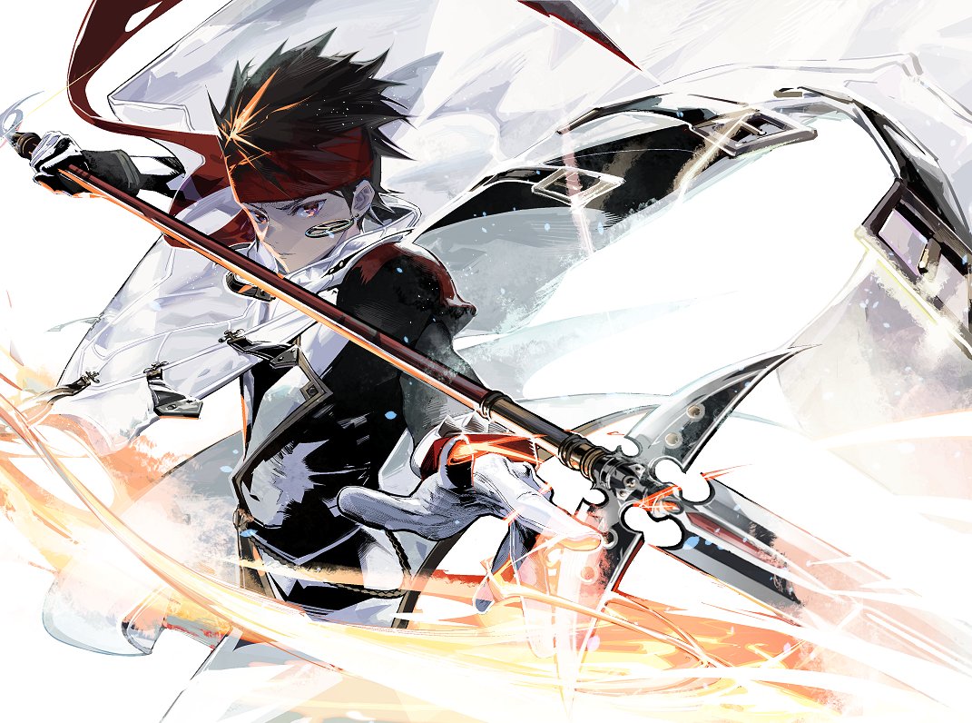 1boy arc_the_lad arc_the_lad_ii bandana black_hair closed_mouth cofffee earrings elc_(arc_the_lad) fire gloves jewelry looking_at_viewer magic male_focus military_uniform polearm short_hair simple_background solo spear spiky_hair uniform weapon white_background white_gloves