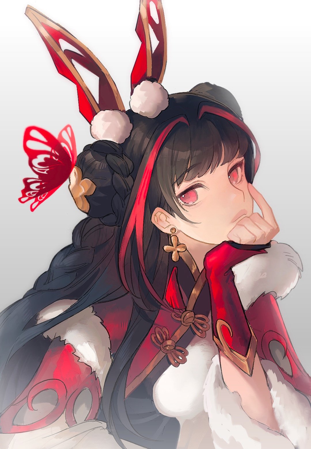 1girl black_dress black_hair china_dress chinese_clothes closed_mouth detached_sleeves double_bun dress earrings fiiiiiiisher7 fur-trimmed_dress fur_trim gwen_(league_of_legends) hair_bun highres jewelry league_of_legends league_of_legends:_wild_rift long_hair looking_at_viewer multicolored_hair mythmaker_gwen official_alternate_hair_color red_dress red_eyes redhead solo streaked_hair two-tone_dress two-tone_hair