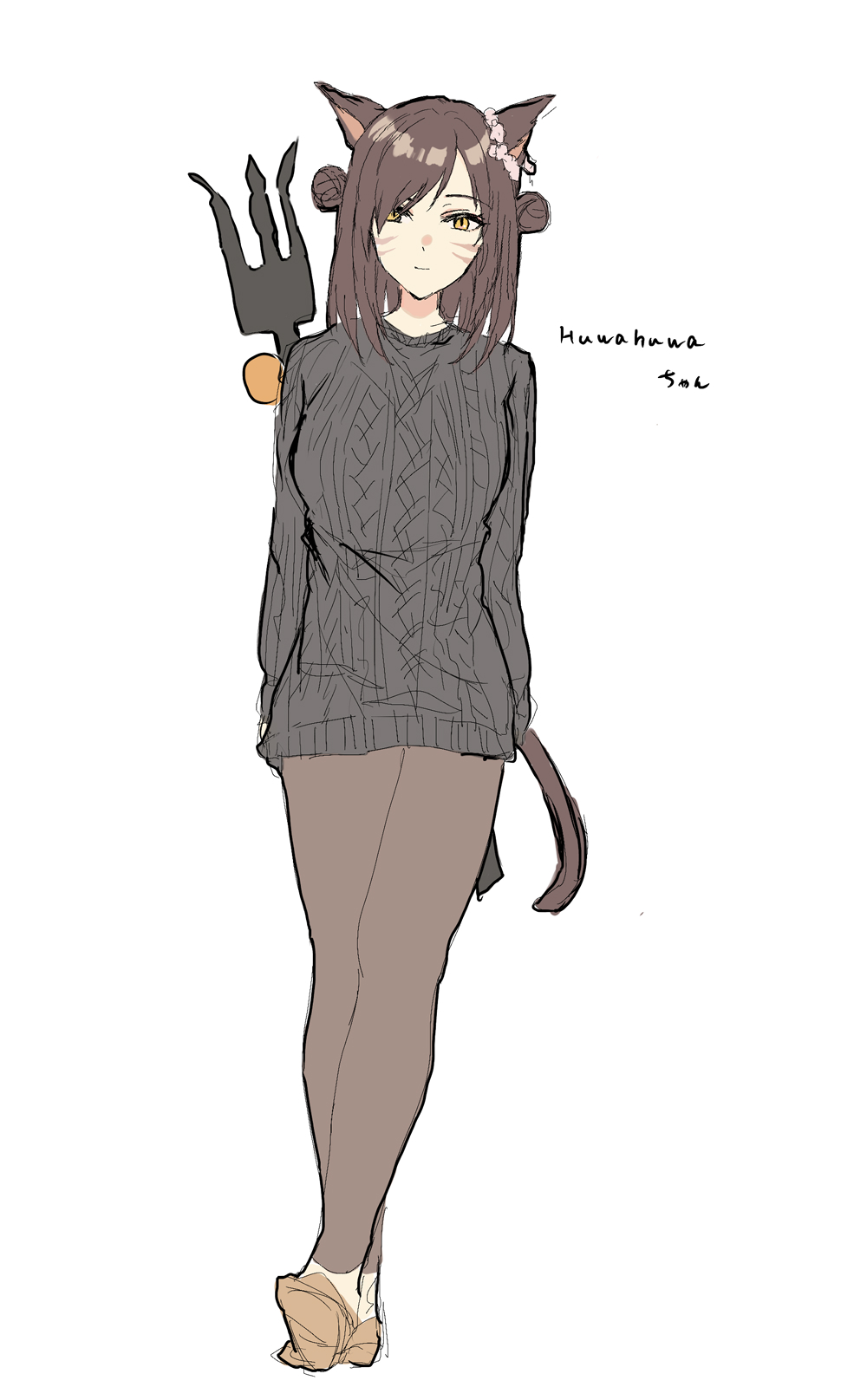 1girl animal_ears black_sweater brown_footwear brown_hair brown_pants cat_ears cat_girl cat_tail closed_mouth double_bun final_fantasy final_fantasy_xiv full_body hair_bun highres kinona looking_at_viewer miqo'te pants shoes simple_background sketch solo standing sweater tail white_background yellow_eyes