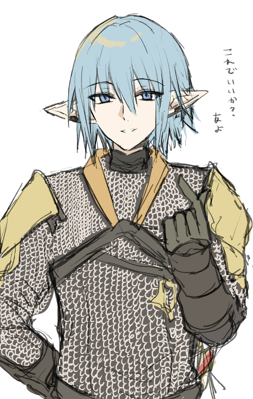 1boy armor blue_eyes blue_hair chainmail final_fantasy final_fantasy_xiv finger_heart gloves grey_gloves hair_between_eyes hand_on_own_hip hand_up haurchefant_greystone highres kinona looking_at_viewer male_focus pointy_ears simple_background smile solo upper_body white_background