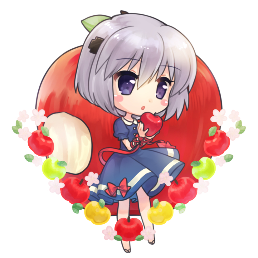 1girl :o adapted_costume apple arm_ribbon bitten_apple black_dress blush_stickers bow chibi commentary cross_hair_ornament dress dress_bow english_commentary eyelashes food food_bite fruit golden_apple grey_hair hair_ornament hands_up holding holding_food holding_fruit kagari_(rewrite) leaf long_ribbon looking_at_food may_salamanya medium_hair puffy_short_sleeves puffy_sleeves red_apple red_bow red_ribbon rewrite ribbon short_dress short_sleeves simple_background solo standing violet_eyes white_background wrist_bow