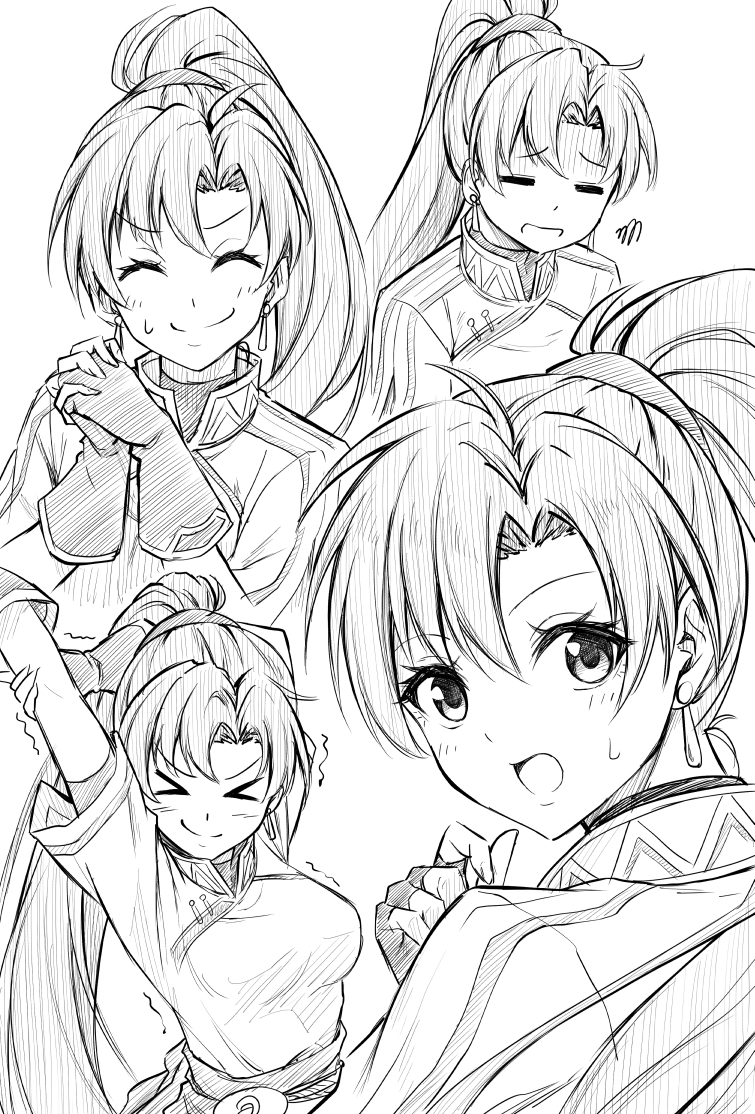 &gt;_&lt; 1girl breasts closed_eyes earrings fingerless_gloves fire_emblem fire_emblem:_the_blazing_blade gloves graphite_(medium) greyscale high_ponytail jewelry large_breasts long_hair looking_at_viewer looking_back lyn_(fire_emblem) monochrome multiple_views own_hands_together ponytail short_sleeves simple_background stretching sweatdrop ten_(tenchan_man) traditional_media turtleneck upper_body white_background