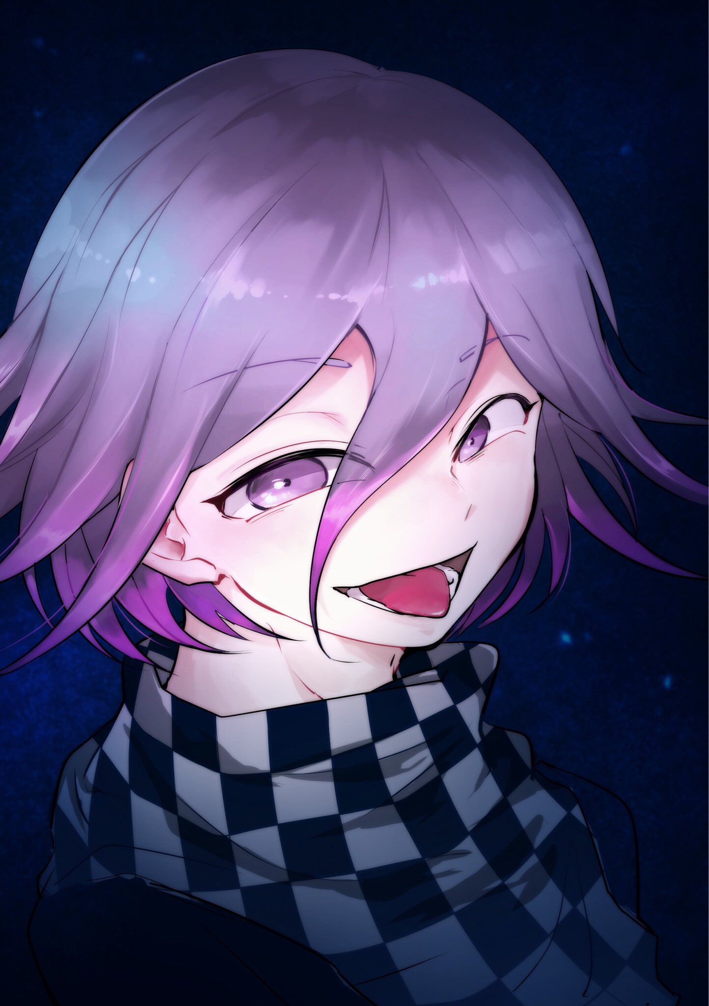 1boy :p blue_background checkered_clothes checkered_scarf danganronpa_(series) danganronpa_v3:_killing_harmony flipped_hair highres looking_at_viewer lower_teeth_only male_focus oma_kokichi open_mouth pink_eyes pink_hair portrait scarf shachoo_(poco_poco) short_hair smile solo teeth tongue tongue_out