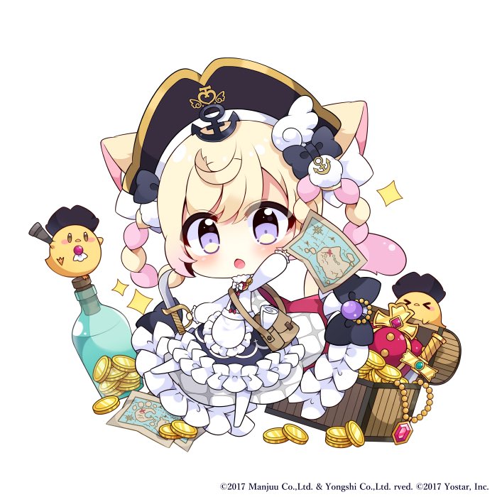 &gt;_&lt; 1girl anchor_hair_ornament animal_ears apron azur_lane blonde_hair cat cat_ears cat_girl cat_tail character_request chibi coin dress frilled_apron frilled_dress frills gem gold_coin hair_ornament hat holding holding_map holding_sword holding_weapon looking_at_viewer manjuu_(azur_lane) map meowfficer_(azur_lane) muuran pirate_hat red_gemstone solo sword tail treasure_chest violet_eyes weapon white_apron white_dress