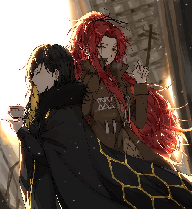 2girls aliasing back-to-back binah_(project_moon) black_cape black_dress black_hair brown_coat cape closed_eyes closed_mouth coat cup dress fur-trimmed_cape fur_trim gebura_(project_moon) hand_up heterochromia high_ponytail holding holding_cup holding_plate library_of_ruina long_hair long_sleeves multiple_girls plate project_moon sidelocks smile teacup uncleko5 very_long_hair
