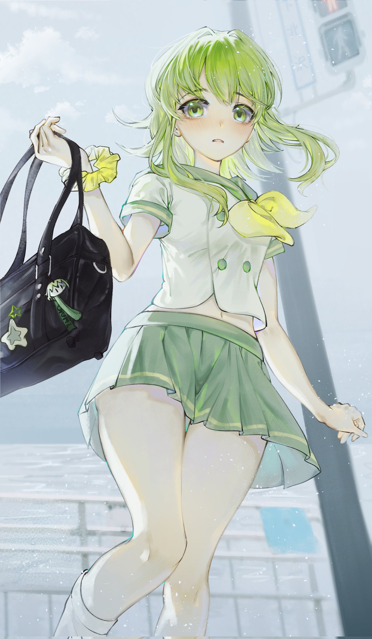 1girl bag_charm blush carrying_bag charm_(object) clouds colored_eyelashes feet_out_of_frame from_below green_eyes green_hair gumi hair_intakes highres light_particles long_bangs looking_at_viewer navel parted_lips pleated_skirt sailor_collar scrunchie short_hair skirt sky socks solo standing thigh_gap vocaloid waterlily white_socks wrist_scrunchie