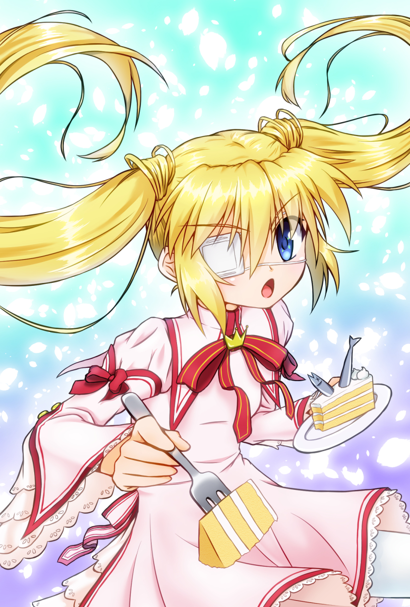 1girl :o aqua_background blonde_hair blue_eyes breasts cake cake_slice commentary_request cowboy_shot crown dress eyepatch eyes_visible_through_hair fish floating_hair food foreshortening fork frilled_dress frilled_sleeves frills gradient_background hair_between_eyes hands_up highres holding holding_fork holding_plate incoming_food juliet_sleeves kazamatsuri_institute_high_school_uniform kazuidi light_blush long_hair long_sleeves looking_at_viewer mini_crown nakatsu_shizuru neck_ribbon one_eye_covered open_mouth pink_dress plate puffy_sleeves purple_background red_ribbon rewrite ribbon saury school_uniform serious short_dress simple_background sitting small_breasts solo twintails v-shaped_eyebrows very_long_hair wide_sleeves