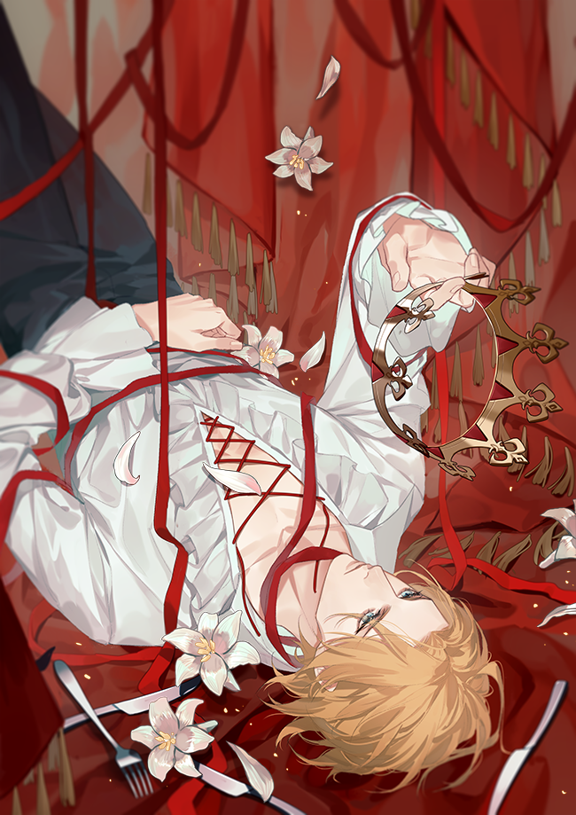 1boy black_pants blonde_hair blue_eyes closed_mouth cross-laced_clothes crown curtains feet_out_of_frame flower for_all_time fork frilled_sleeves frills hand_on_own_stomach hand_up holding holding_crown knee_up knife lily_(flower) long_sleeves looking_at_object luo_xia lying male_focus on_back pants parted_bangs petals plunging_neckline red_curtains red_ribbon reloon ribbon shirt short_hair solo tassel unworn_crown upside-down white_flower white_lily white_shirt